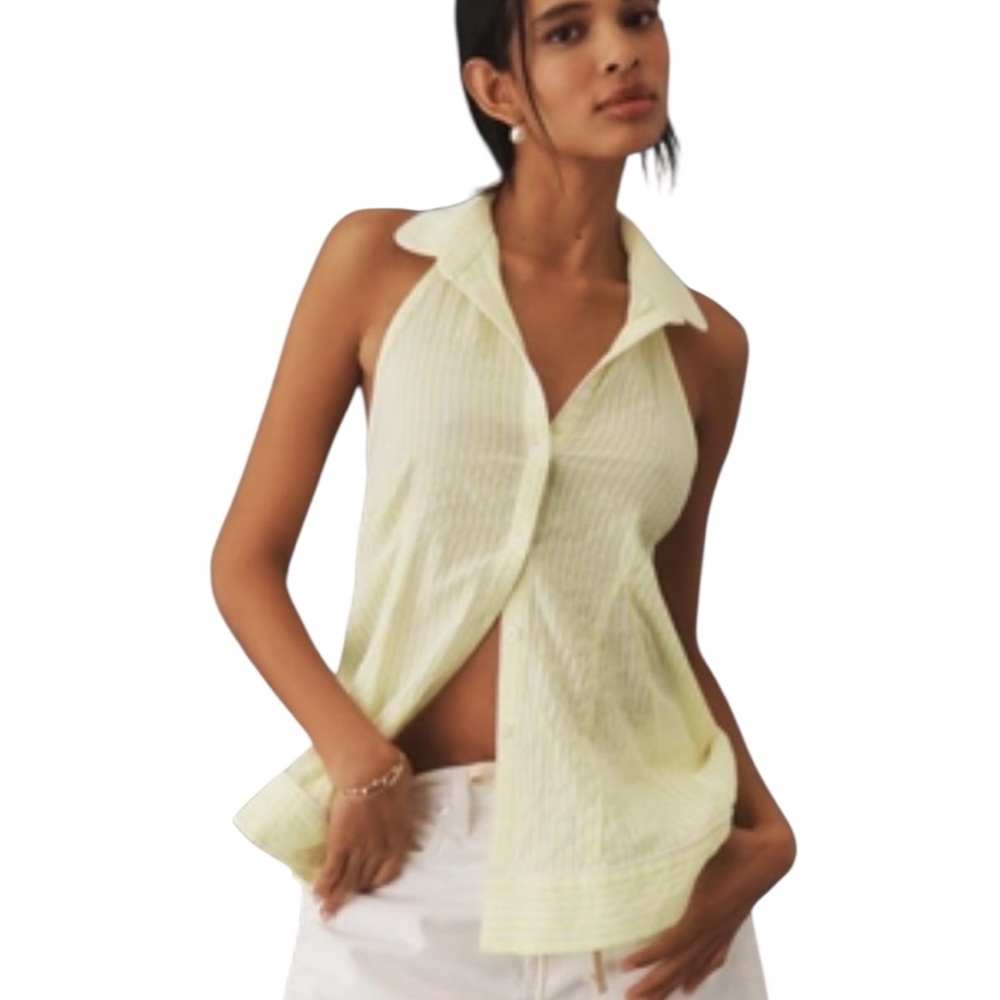 Anthropologie Button Front Halter Swing yellow-lime white stripe blouse top  S
